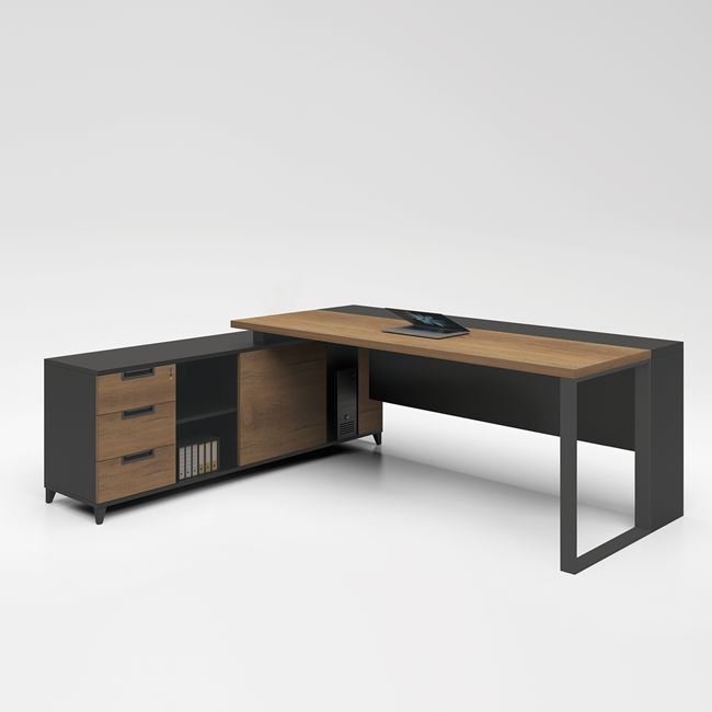 PROLINE Γραφείο180x70/160x40 cm Αναστρέψιμη Γωνία, 3 Συρτάρια, Ράφια, Απόχρωση Καρυδί Δρυς - Μαύρο